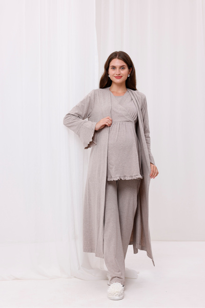 Yulem Homewear Beige Wrap-Around Long Robe with Nursing Feature, Maternity and Postpartum Pajama Set, 3-Piece Set