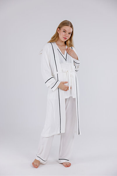 Yulem Homewear Ekru Biyeli Tasarım Pamuklu Uzun Kollu Lohusa Hamile Sabahlıkl...