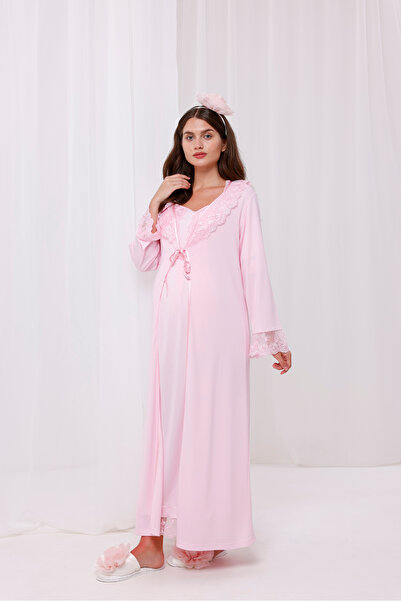 Yulem Homewear Pudra Kol ve Yaka Dantelli Tasarım Tam Boy Sabahlıklı Lohusa H...