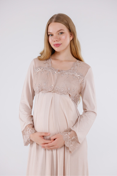 Yulem Homewear قميص نوم للحوامل من القطن بأكمام طويلة مع تفاصيل دانتيل خاصة ب...