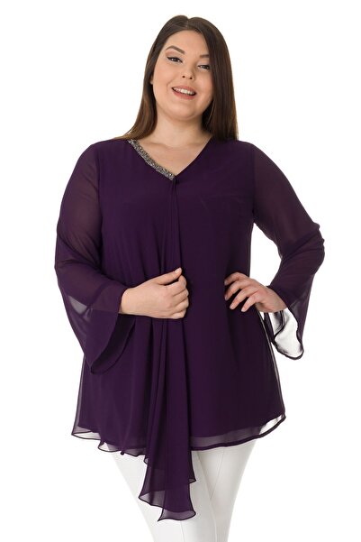 LİLAS XXL 304 Büyük Beden VYaka Patı Taşlı Şifon Tunik