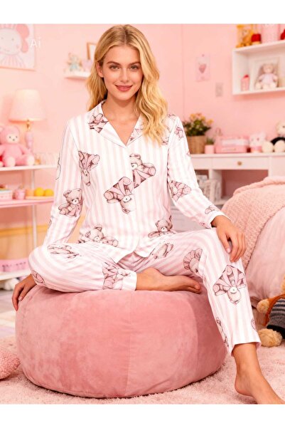 NiCe İç Giyim طقم بيجامة من جلد الغزال الناعم باللون الوردي الكريمي مع دمية د...