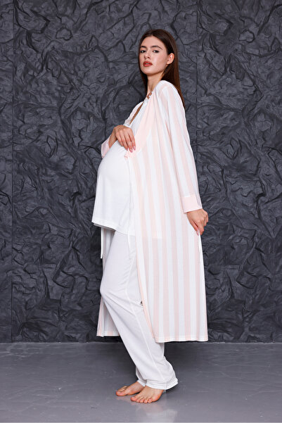 Yulem Homewear Ekru Askılı Emzirme Özellikli Lohusa Hamile Sabahlıklı 3'lü Pi...