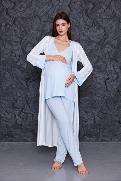 Yulem Homewear طقم بيجامة مكون من 3 قطع مع حمالة صدر زرقاء للرضاعة الطبيعية