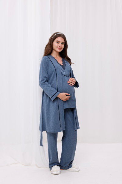 Yulem Homewear طقم بيجامة مكون من 3 قطع مع ياقة دانتيل من Anthracite Melange ...