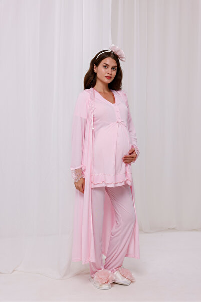 Yulem Homewear Pudra Dantel Detaylı Tasarım Tam Boy Sabahlıklı Lohusa Hamile ...