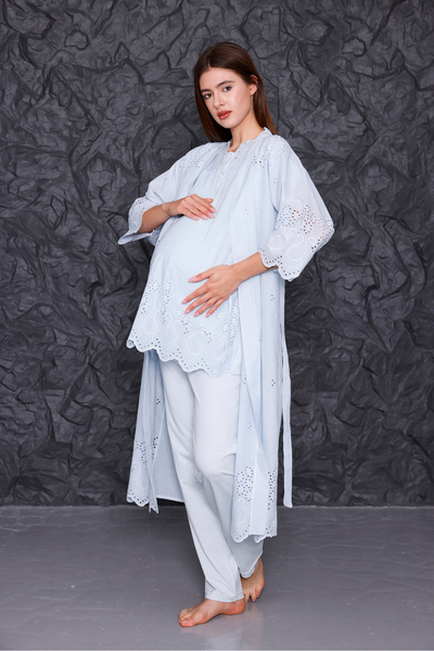 Yulem Homewear Mavi Fisto Keten Lohusa Hamile Sabahlıklı 3'lü Pijama Takım Set