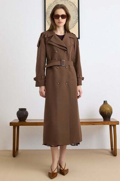 Olcay Double Collar Detailed Water Repellent Unlined Long Trench Coat Brown 6832