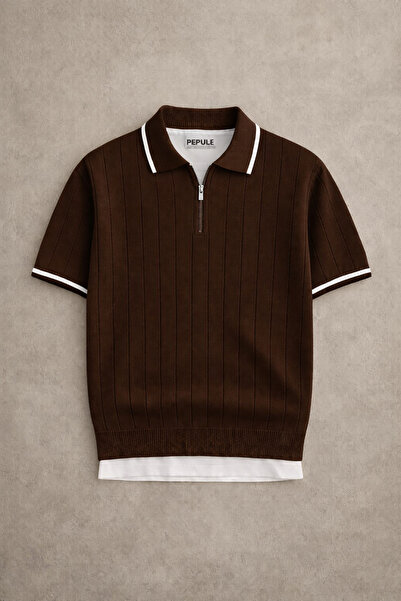 oneoff Men's Coffee Polo Neck Knitwear Textured Color Half Zipper Regular Cot...