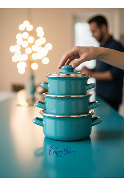 ALEV EMAYE طقم أواني طهي صغيرة باللون الفيروزي مكون من 3 قطع - 12 سم، 14 سم، ...