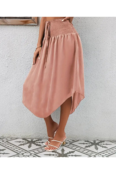 JANES Kadın yüksek bel asimetrik kesim belde bağcık detaylı sandy etek KOD 72...