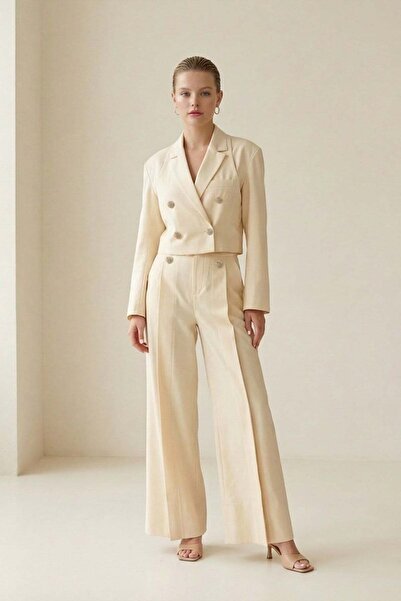 Setre Tereyağ Sarısı Kruvaze Kapama Düğme Detaylı Mini Ceket