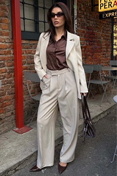 Madmext Beige Striped High Waist Pleated Women's Fabric Trousers Mg2641