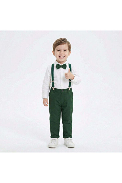 Kidohug Costum elegant baieti, Camasa alba, Pantaloni lungi cu bretale detasa...