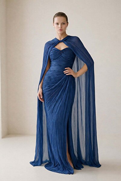 Setre Lacivert Pelerin Ve Drape Detaylı Geniş Kalıp Abiye Elbise