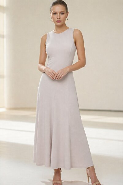 Setre Rochie midi fără mâneci, cu detalii plisate, model complet, Stone