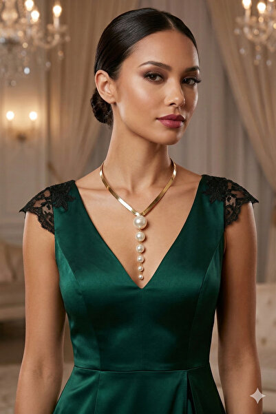 PETEK AKSESUAR Salkım Incili Choker Tasma Kolye Gold