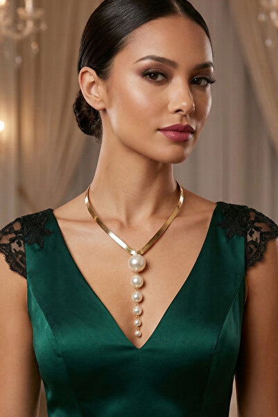 PETEK AKSESUAR Salkım Incili Choker Tasma Kolye Gold