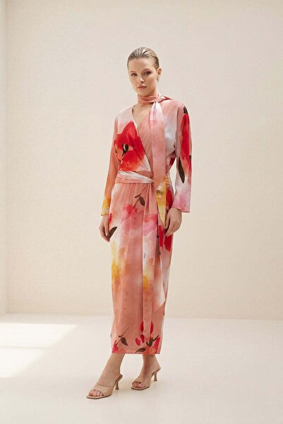 Setre Rochie cu model, cu guler dublu, detaliată cu șal în nuanță pudră închi...