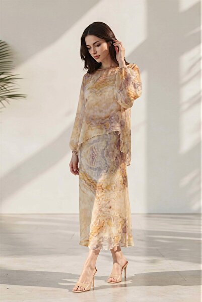 Setre Bej-Lila Transparan Kol Ve Yaka Detaylı Desenli Rahat Kesim Bluz