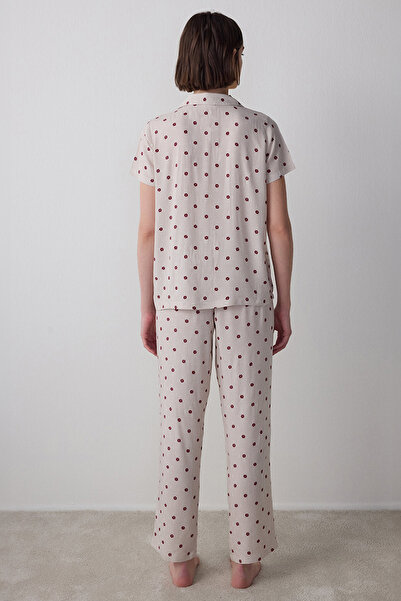 Penti Beige Freya Floral Pattern Shirt Collar Short Sleeve Pyjamas Set Pajama Set