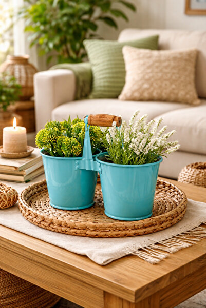 Arma House Country Tarzı Turkuaz Galvaniz Ahşap Kuluplu Ikiz Saksı & Vazo