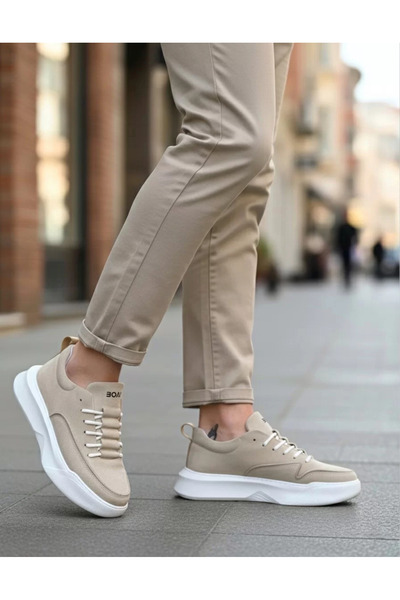 BOA BA0332 Ladder Pattern Lace-up Men's High Sole Cream Suede Sneakers