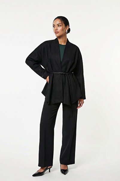 Setre Siyah Yakasız Dökümlü Rahat Kesim Kaban