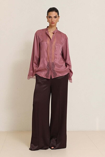 Setre Gül Kurusu Dantel Detaylı Uzun Kollu Rahat Kesim Bluz