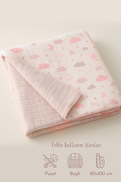 Bimotif Çift Taraflı Müslin Bebek Battaniyesi, 80x100 Pembe (Çok amaçlı kız b...
