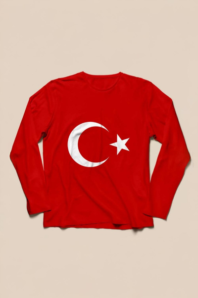 SINIF SEPETİ Ay Yıldız Bayrak Baskılı Tişört - Kırmızı - Uzun Kollu - TS155