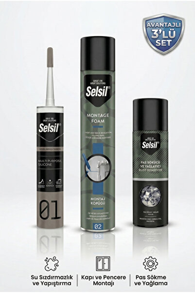 Selsil 3’lü Ev Tadilat Seti - Şeffaf Silikon 280gr + Pas Sökücü 200ml + Monta...