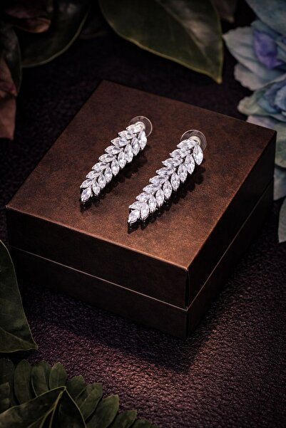 VİYA Mia Gümüş Renk Zirkon Taşlı Yaprak Taşlı Salkım Küpe