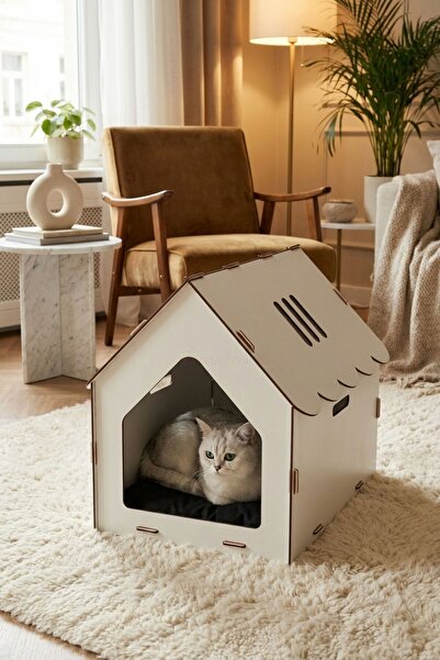 StarLightning Ahşap Büyük Kedi Yatağı Premium Kalite Beyaz Kedi Evi 50x35 Cm ...