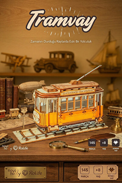 Rolife Ahşap Tramvay 3D Puzzle Ahşap Minyatür Maket Kiti DIY Kendin Yap