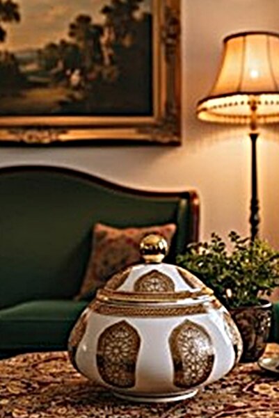 DECOSTYLE Selçuklu Desen Altın Işlemeli Kapaklı Büyük Kase