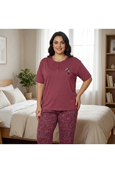 Viskon Kumaştan Çiçek Desenli Büyük Beden Kadın Örme Yazlık Pijama Takımı