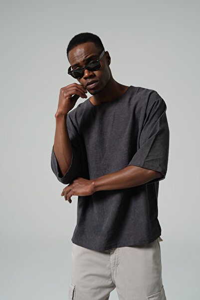 Blah Ανδρικό μπλουζάκι με φυσική υφή, υπερμεγέθης λαιμόκοψη από ύφασμα, @Aren