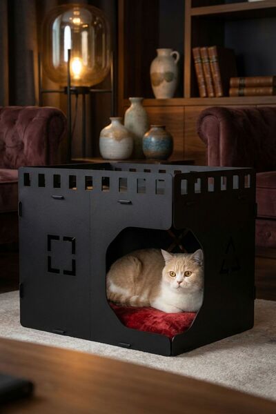 StarLightning Ahşap Büyük Kedi Yatağı Premium Kalite Siyah Kedi Evi 50x35 Cm ...