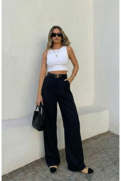 leymoda Kadın Pileli Pantolon Yüksek Bel Esnek Kumaş Palazzo Pantolon