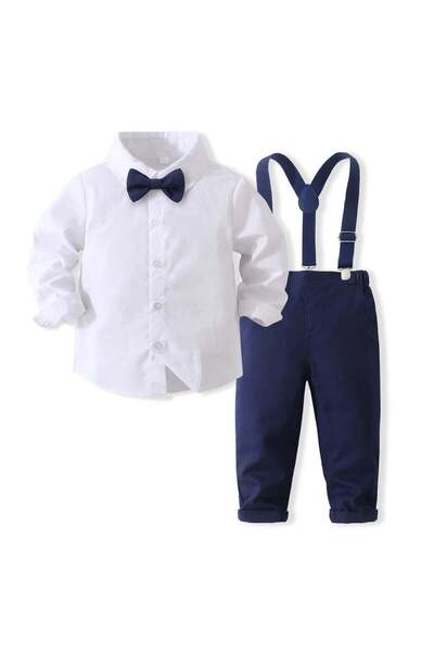Kidohug Costum elegant baieti, Camasa alba, Pantaloni lungi cu bretale detasabile si papion