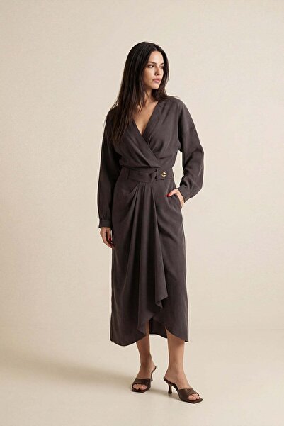 Setre Kahve Belden Düğme Ve Pile Detaylı Midi Boy Etek