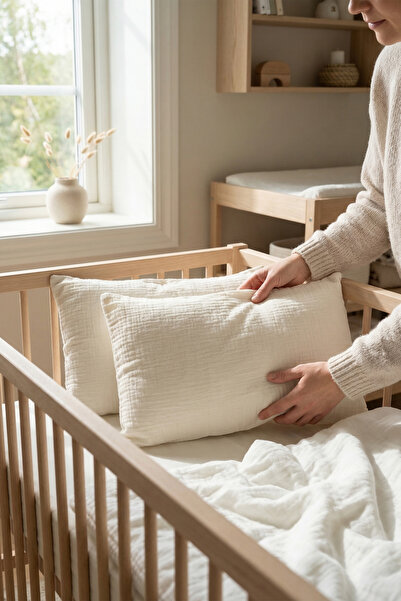 HAMUR Muslin 2-Piece Baby Kids Pillowcase %100 Cotton 35X45 cm Cover Set Ecru