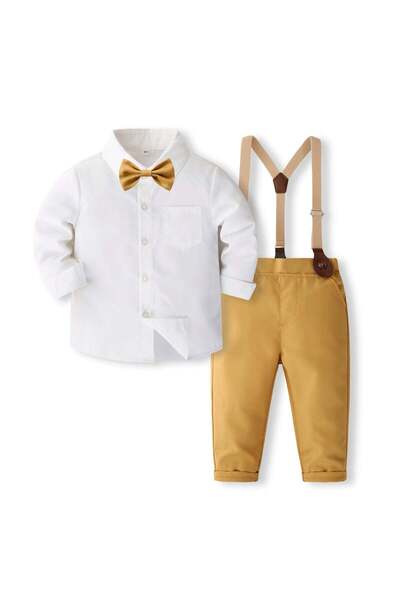 Kidohug Costum elegant baieti, Camasa cu maneca lunga, Pantaloni lungi cu bretele si Papion