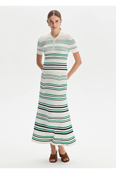 Knitss Yeşil Lacivert Çizgili Ekru Triko Etek