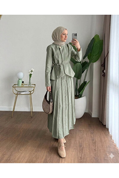 RFK Butik Kadın Zara Kupra Seyyar Kemerli Çımalı Etekli Takım - Yeşil