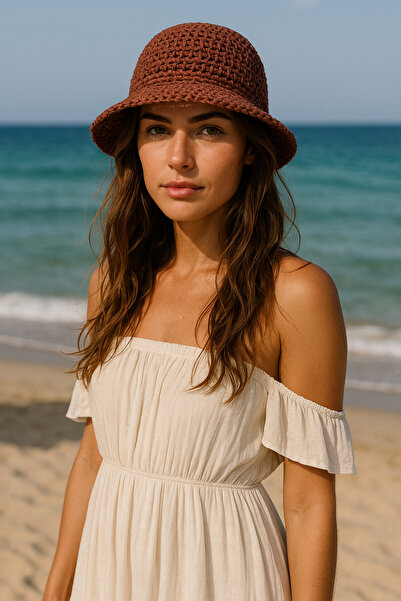 Luminos Butik Bordo Ithal El Örgüsü Hasır Şapka Hsr2083