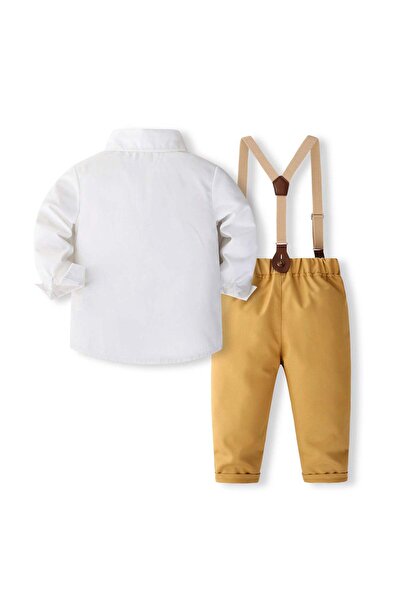 Kidohug Costum elegant baieti, Camasa cu maneca lunga, Pantaloni lungi cu bretele si Papion
