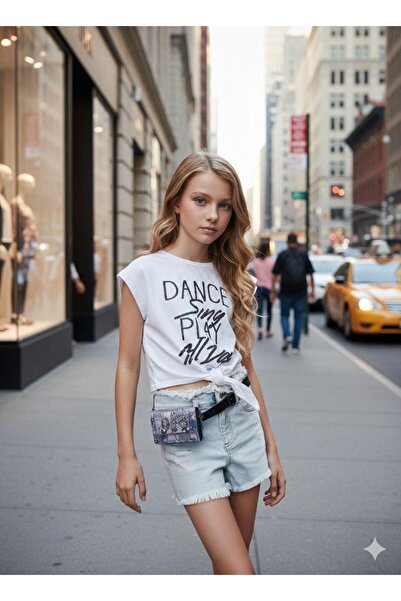Hilal Akıncı Kids Girls' Dance Printed T-Shirt Denim Shorts Waist Bag 2 Piece...