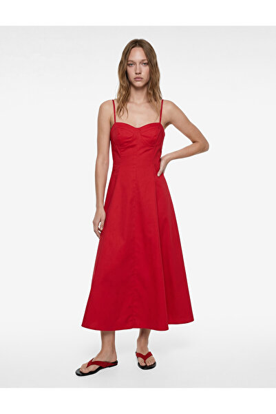 Koton Slim Fit Kalp Yaka Kolsuz Pamuklu İp Askılı Volanlı Poplin Uzun Elbise